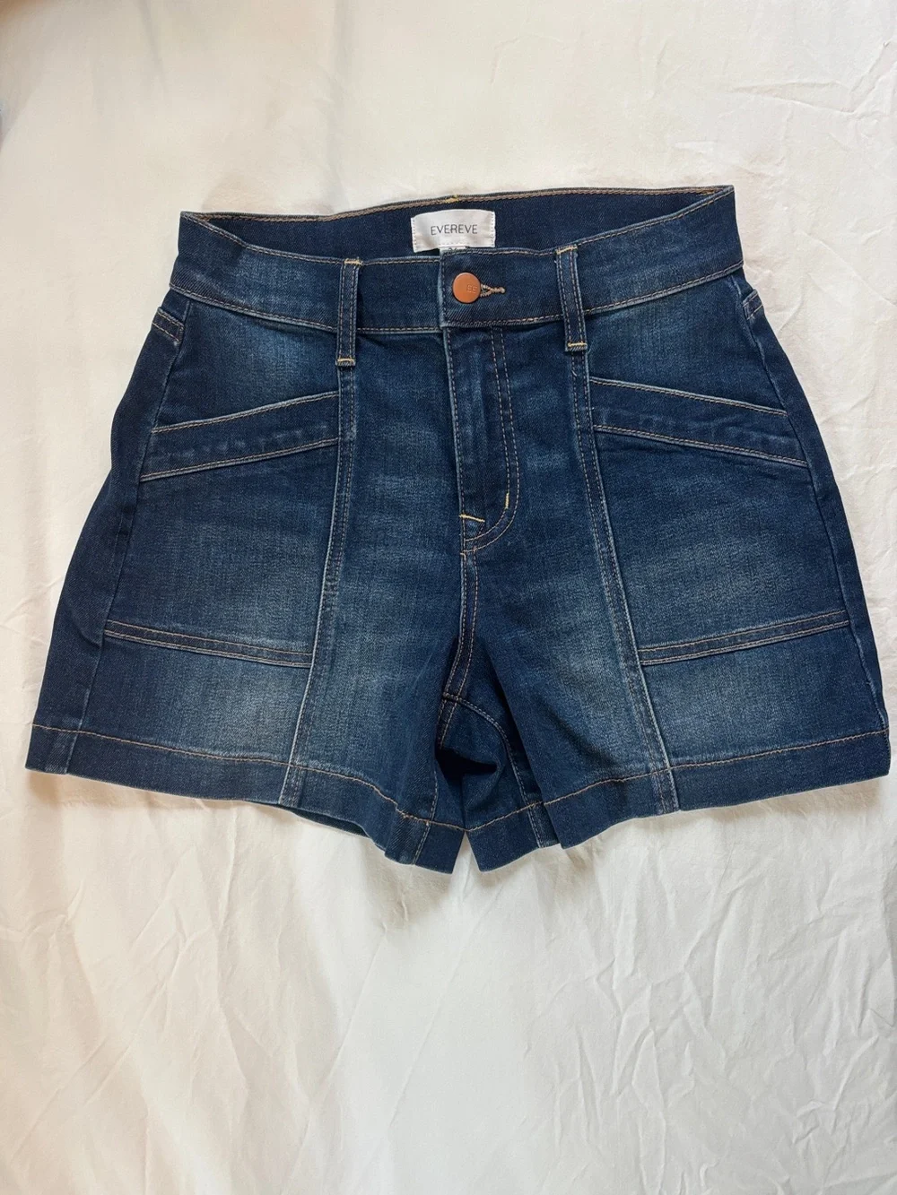 Evereve Dark Blue High-Rise Panel Denim Shorts